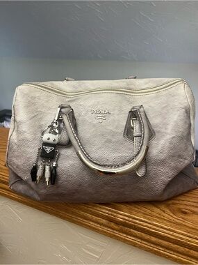 Prada Vintage Silver Metallic Leather Satchel with Charm
